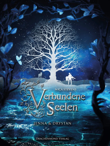 Das Cover zeigt die Silhouette eines kahlen Baumes. Rechts neben dem Baum kann man zwei Personen erkennen, links daneben einen Wolf. Im unteren Drittel des Covers ist Wasser abgebildet, welches blau schimmert. Das Cover hat am Rand Zweige und Blätter abgebildet. Der Titel und der Name der Autorin stehen unterhalb des Baumes. Das Cover ist in Blautönen gehalten.